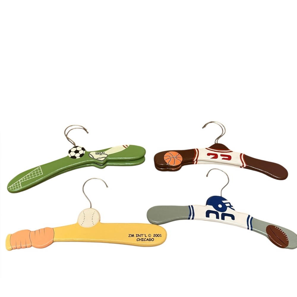 Set of 6 vintage painted sports-themed wooden children’s hangers. GUC